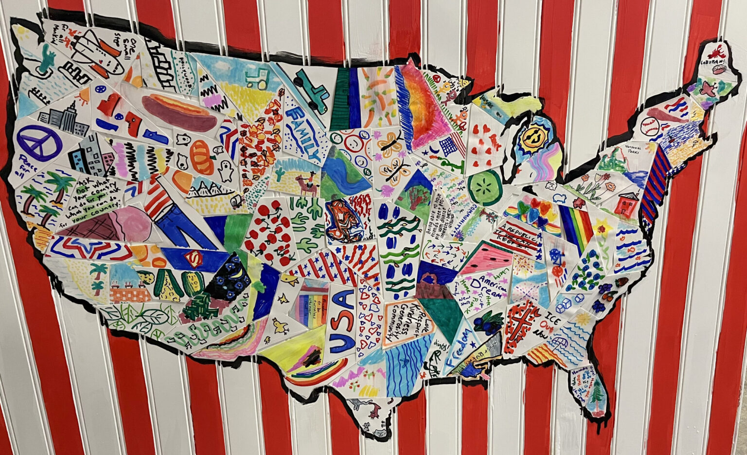 a colorful US map with many different pieces made by adults and children